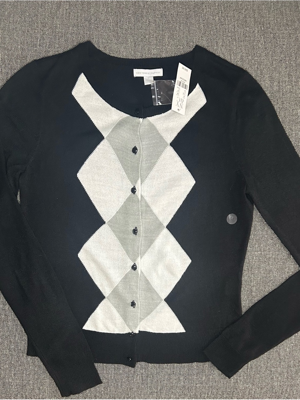New York & Company Black Cardigan with Gray & White Argyle Front